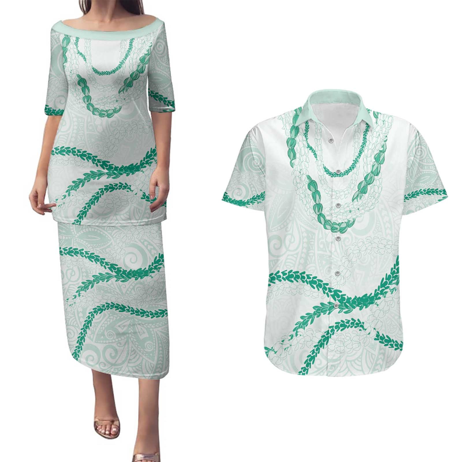 Aloha Lei Mikioi Couples Matching Puletasi and Hawaiian Shirt Sage Green Polynesian Tribal Tatau Pattern