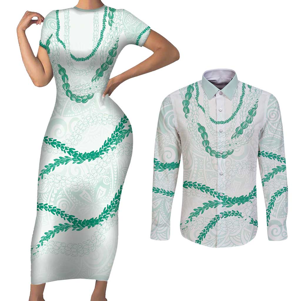 Aloha Lei Mikioi Couples Matching Short Sleeve Bodycon Dress and Long Sleeve Button Shirt Sage Green Polynesian Tribal Tatau Pattern