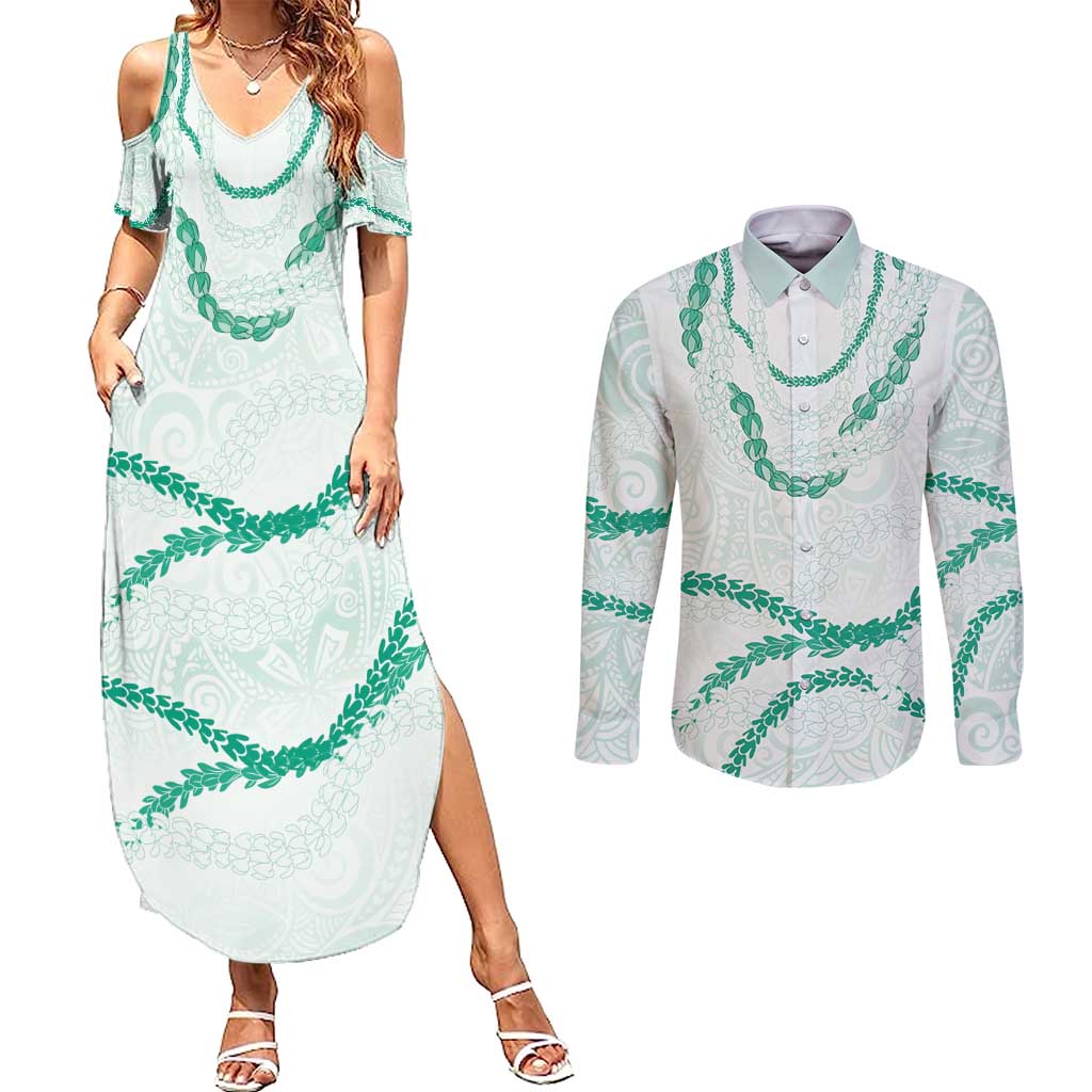 Aloha Lei Mikioi Couples Matching Summer Maxi Dress and Long Sleeve Button Shirt Sage Green Polynesian Tribal Tatau Pattern