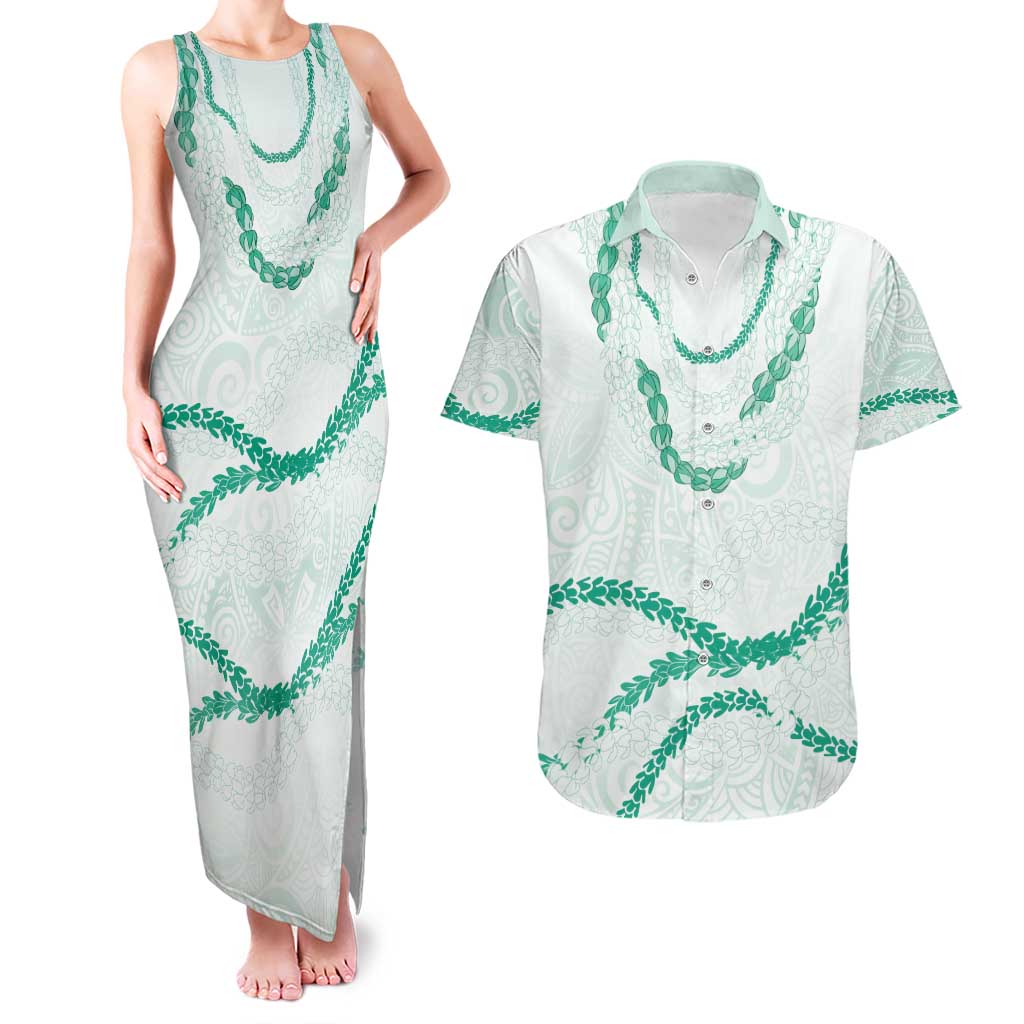 Aloha Lei Mikioi Couples Matching Tank Maxi Dress and Hawaiian Shirt Sage Green Polynesian Tribal Tatau Pattern
