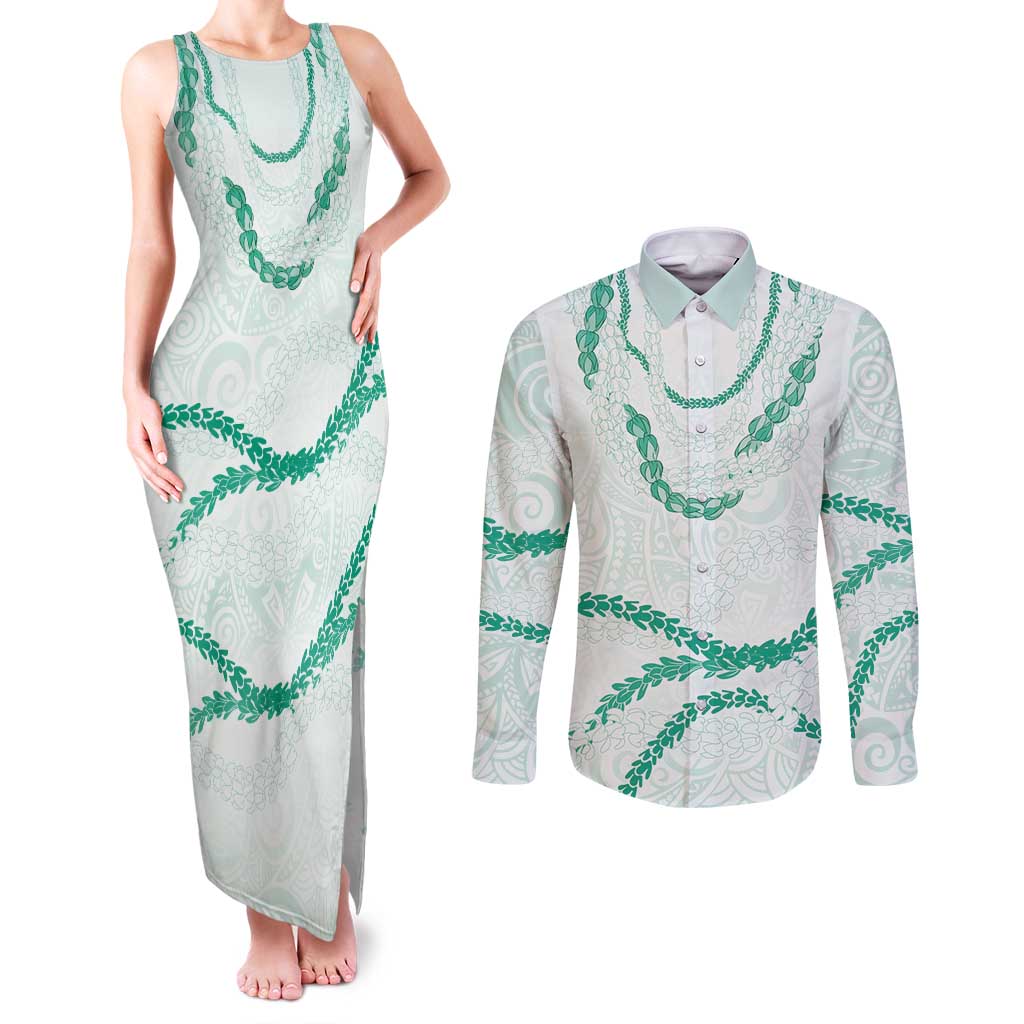 Aloha Lei Mikioi Couples Matching Tank Maxi Dress and Long Sleeve Button Shirt Sage Green Polynesian Tribal Tatau Pattern LT9 Green - Polynesian Pride