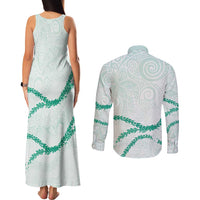 Aloha Lei Mikioi Couples Matching Tank Maxi Dress and Long Sleeve Button Shirt Sage Green Polynesian Tribal Tatau Pattern LT9 - Polynesian Pride