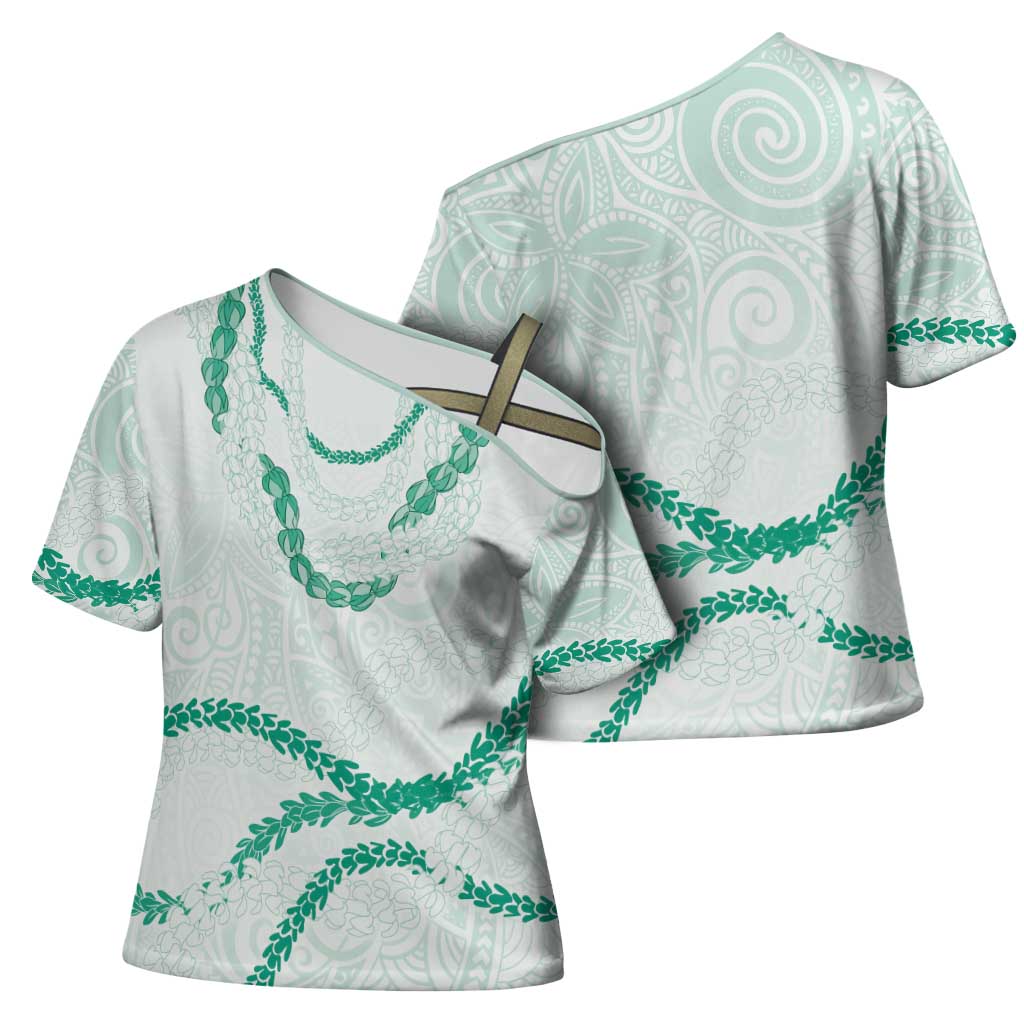 Aloha Lei Mikioi Cross Shoulder Shirt Sage Green Polynesian Tribal Tatau Pattern - Polynesian Pride