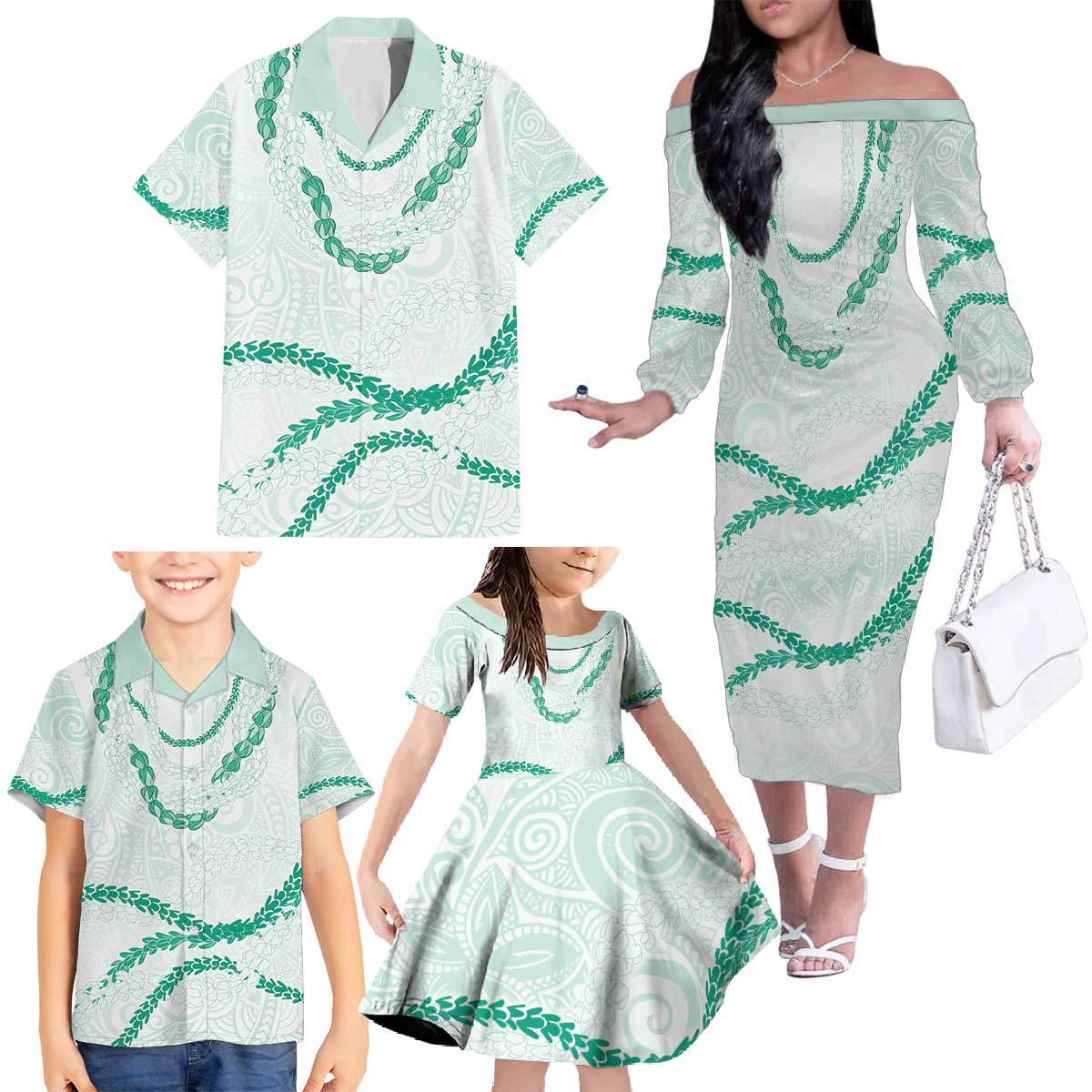 Aloha Lei Mikioi Family Matching Off The Shoulder Long Sleeve Dress and Hawaiian Shirt Sage Green Polynesian Tribal Tatau Pattern
