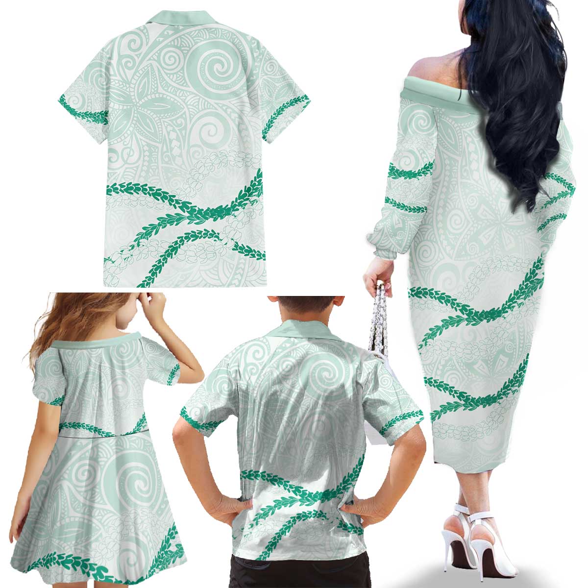 Aloha Lei Mikioi Family Matching Off The Shoulder Long Sleeve Dress and Hawaiian Shirt Sage Green Polynesian Tribal Tatau Pattern