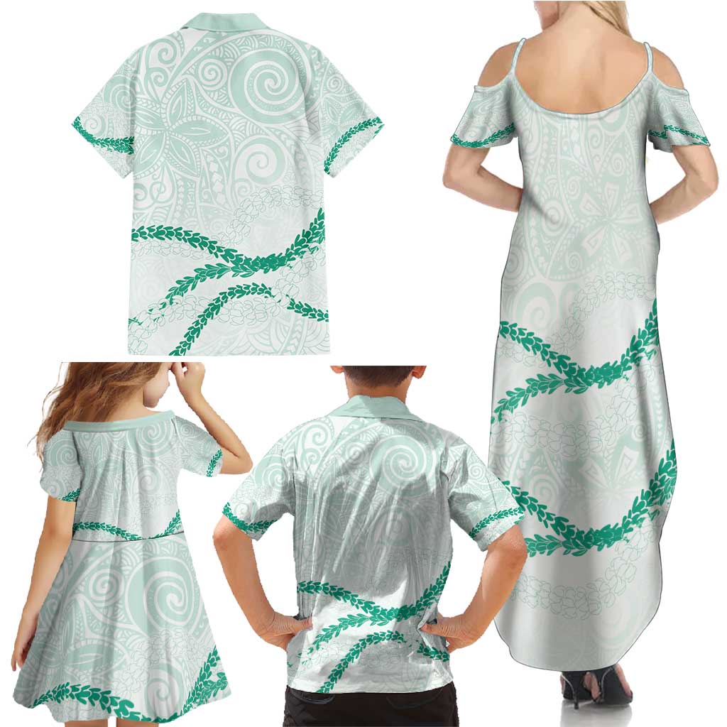 Aloha Lei Mikioi Family Matching Summer Maxi Dress and Hawaiian Shirt Sage Green Polynesian Tribal Tatau Pattern