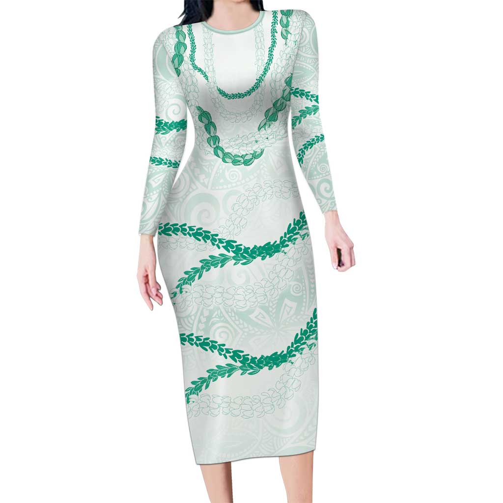 Aloha Lei Mikioi Long Sleeve Bodycon Dress Sage Green Polynesian Tribal Tatau Pattern