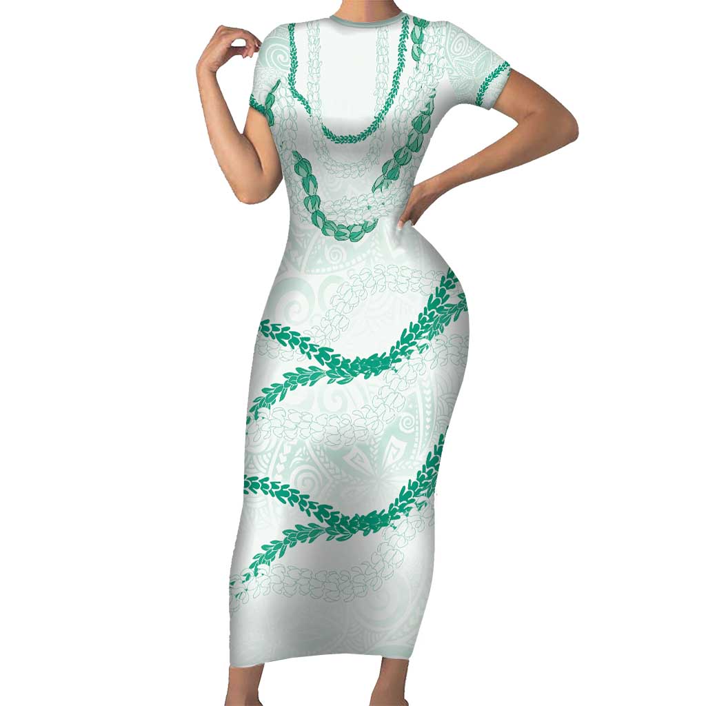 Aloha Lei Mikioi Short Sleeve Bodycon Dress Sage Green Polynesian Tribal Tatau Pattern
