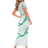 Aloha Lei Mikioi Short Sleeve Bodycon Dress Sage Green Polynesian Tribal Tatau Pattern