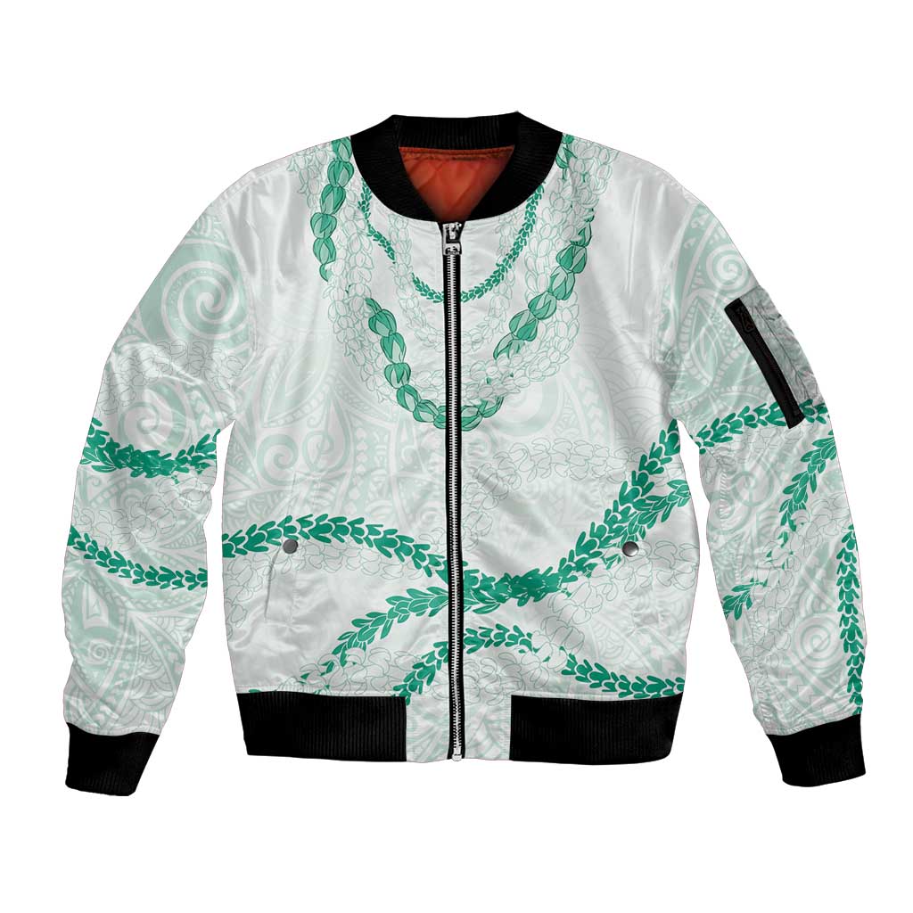 Aloha Lei Mikioi Sleeve Zip Bomber Jacket Sage Green Polynesian Tribal Tatau Pattern