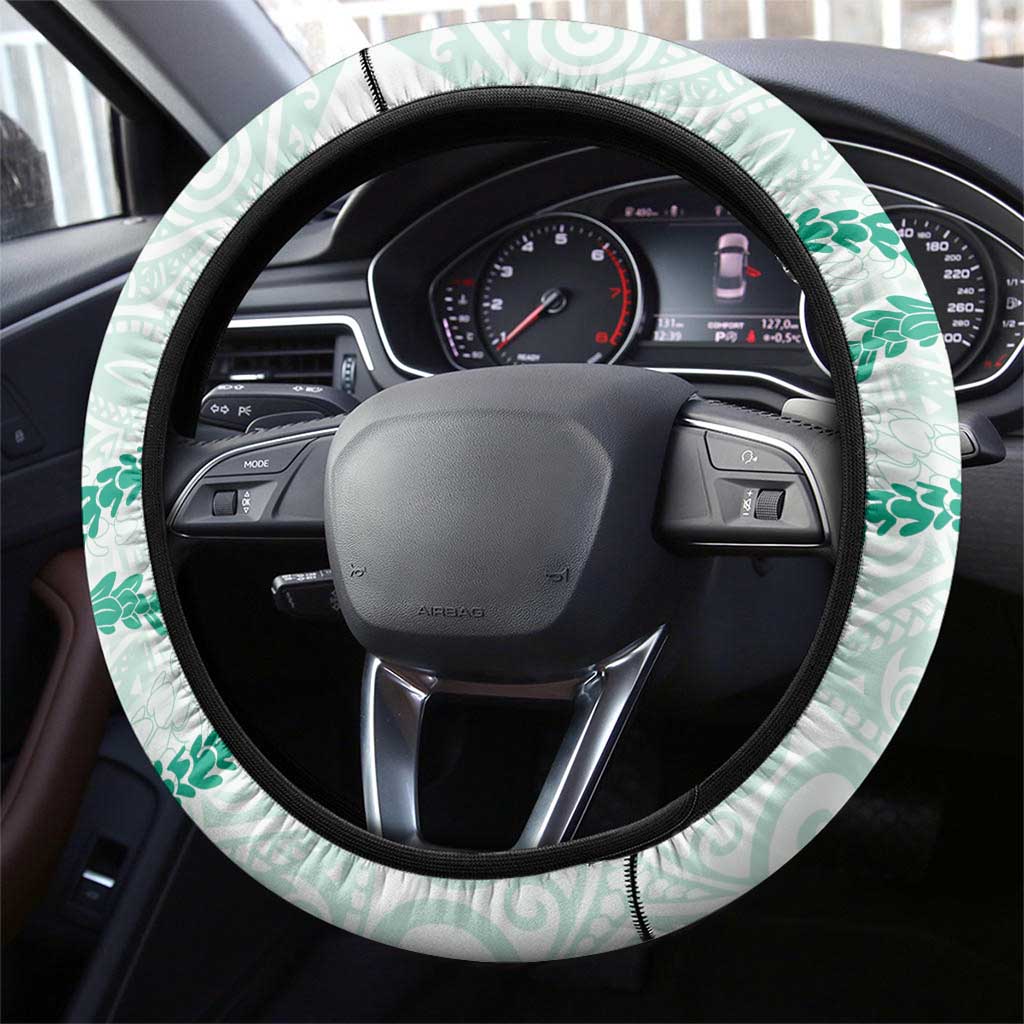 Aloha Lei Mikioi Steering Wheel Cover Sage Green Polynesian Tribal Tatau Pattern