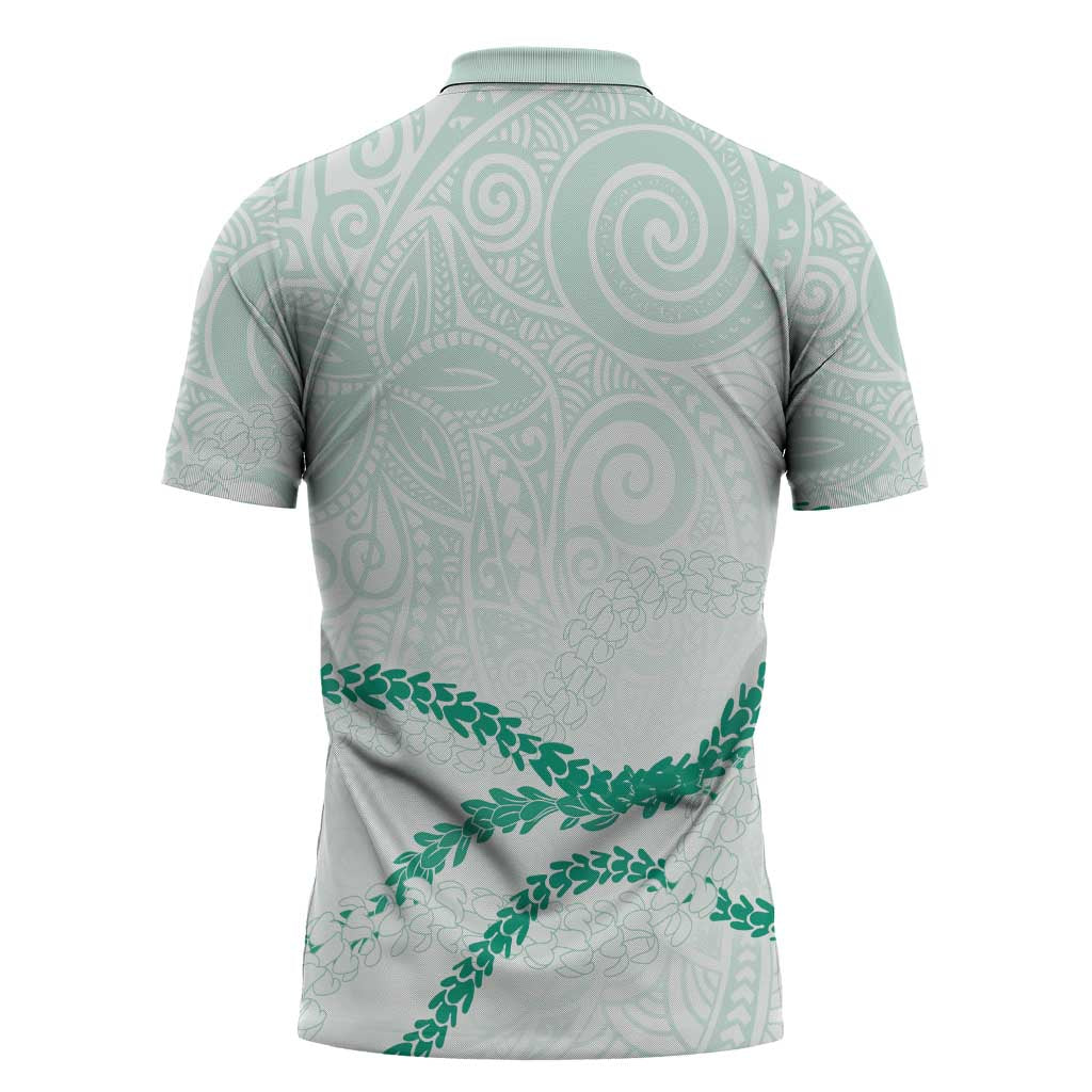 Aloha Lei Mikioi Zipper Polo Shirt Sage Green Polynesian Tribal Tatau Pattern - Polynesian Pride