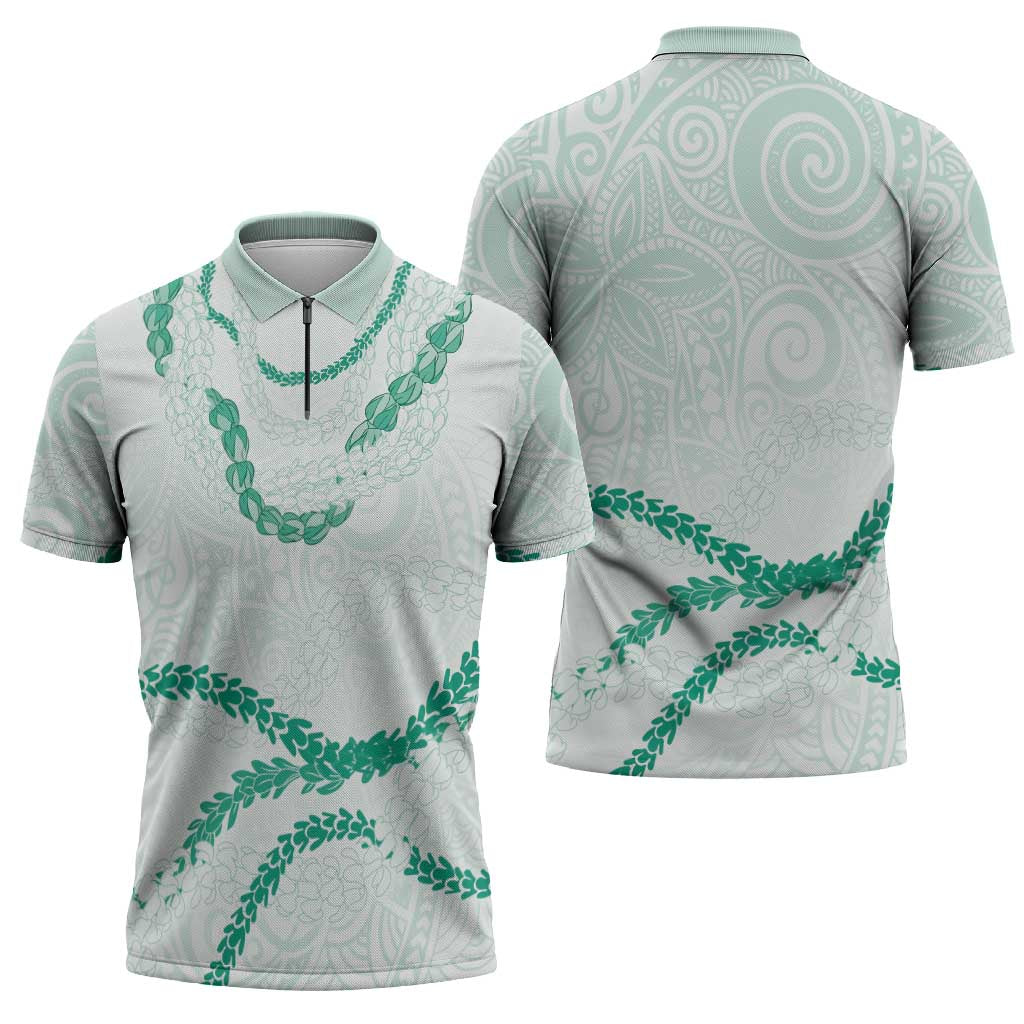 Aloha Lei Mikioi Zipper Polo Shirt Sage Green Polynesian Tribal Tatau Pattern - Polynesian Pride