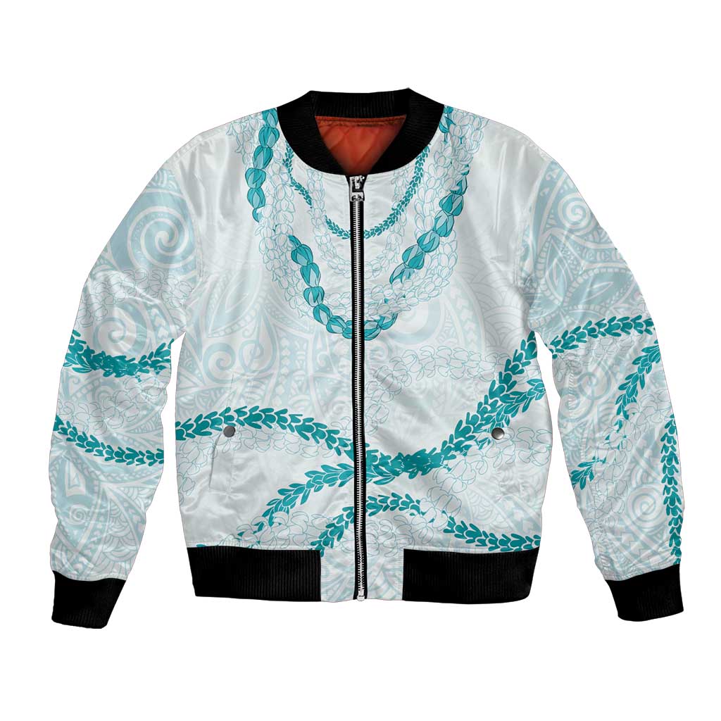Aloha Lei Mikioi Bomber Jacket Teal Polynesian Tribal Tatau Pattern