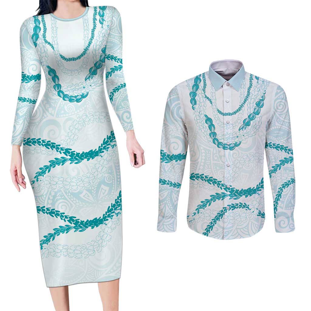 Aloha Lei Mikioi Couples Matching Long Sleeve Bodycon Dress and Long Sleeve Button Shirt Teal Polynesian Tribal Tatau Pattern LT9 Teal - Polynesian Pride