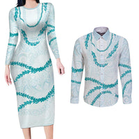 Aloha Lei Mikioi Couples Matching Long Sleeve Bodycon Dress and Long Sleeve Button Shirt Teal Polynesian Tribal Tatau Pattern LT9 Teal - Polynesian Pride