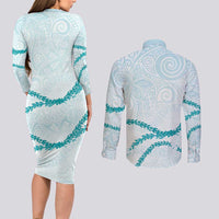 Aloha Lei Mikioi Couples Matching Long Sleeve Bodycon Dress and Long Sleeve Button Shirt Teal Polynesian Tribal Tatau Pattern LT9 - Polynesian Pride
