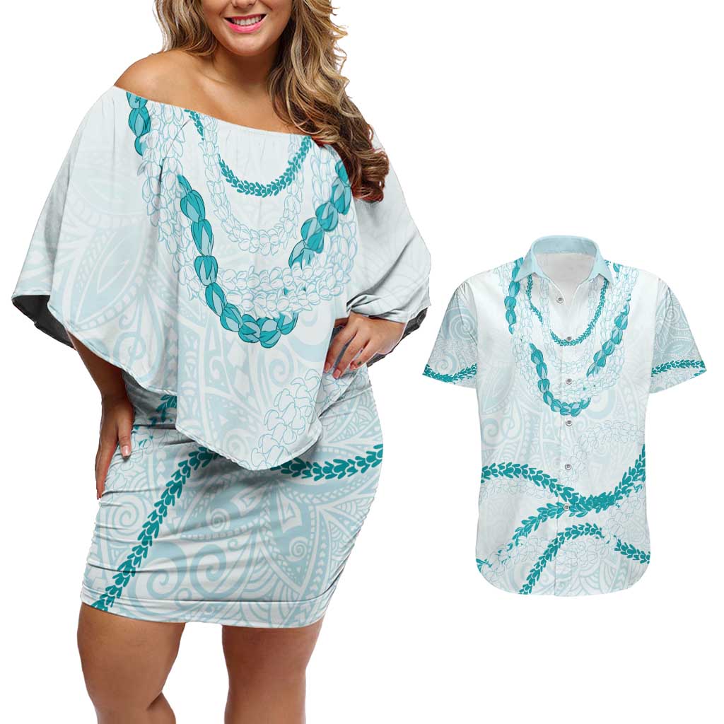 Aloha Lei Mikioi Couples Matching Off Shoulder Short Dress and Hawaiian Shirt Teal Polynesian Tribal Tatau Pattern