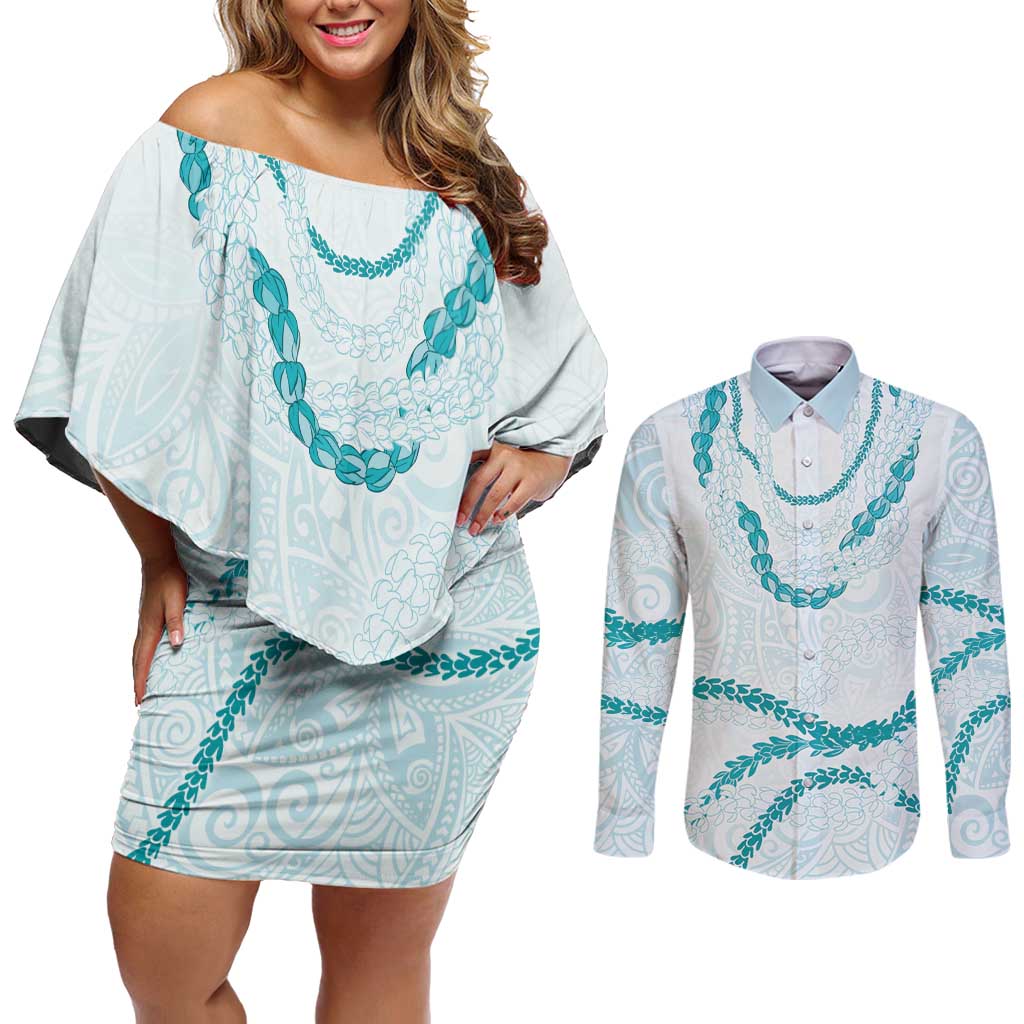 Aloha Lei Mikioi Couples Matching Off Shoulder Short Dress and Long Sleeve Button Shirt Teal Polynesian Tribal Tatau Pattern