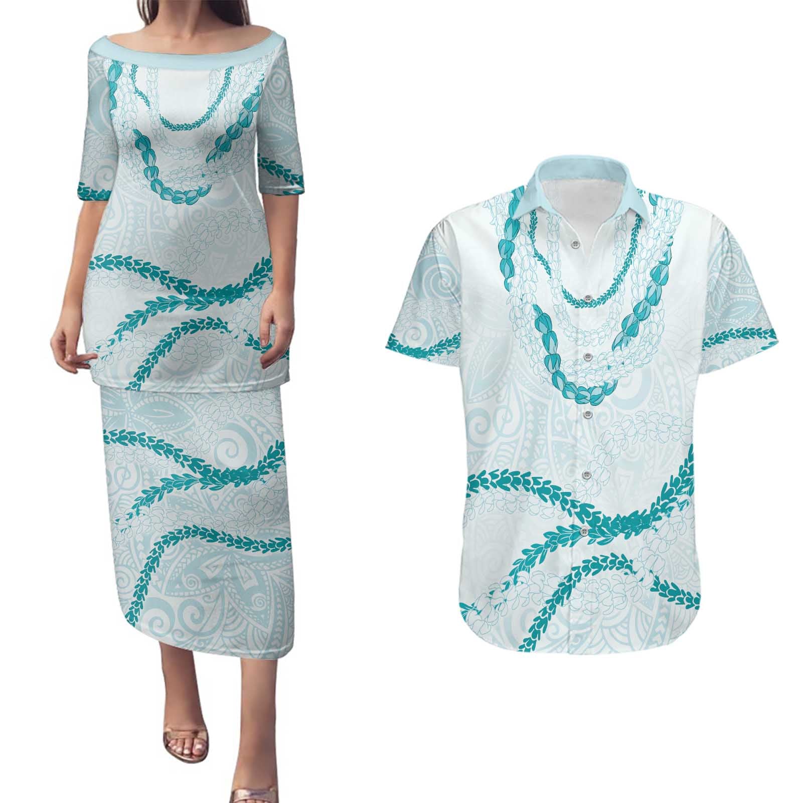 Aloha Lei Mikioi Couples Matching Puletasi and Hawaiian Shirt Teal Polynesian Tribal Tatau Pattern