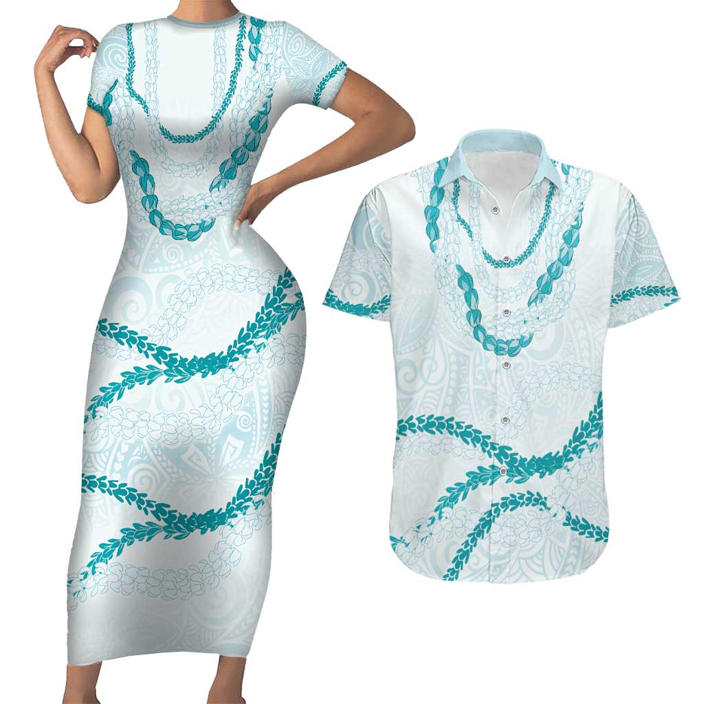 Aloha Lei Mikioi Couples Matching Short Sleeve Bodycon Dress and Hawaiian Shirt Teal Polynesian Tribal Tatau Pattern