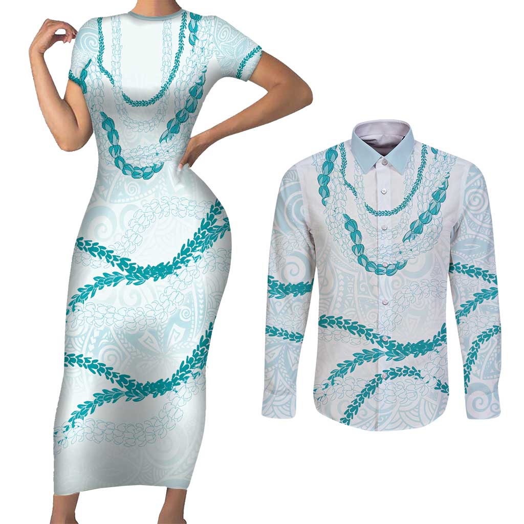 Aloha Lei Mikioi Couples Matching Short Sleeve Bodycon Dress and Long Sleeve Button Shirt Teal Polynesian Tribal Tatau Pattern LT9 Teal - Polynesian Pride