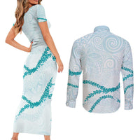 Aloha Lei Mikioi Couples Matching Short Sleeve Bodycon Dress and Long Sleeve Button Shirt Teal Polynesian Tribal Tatau Pattern LT9 - Polynesian Pride