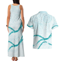 Aloha Lei Mikioi Couples Matching Tank Maxi Dress and Hawaiian Shirt Teal Polynesian Tribal Tatau Pattern