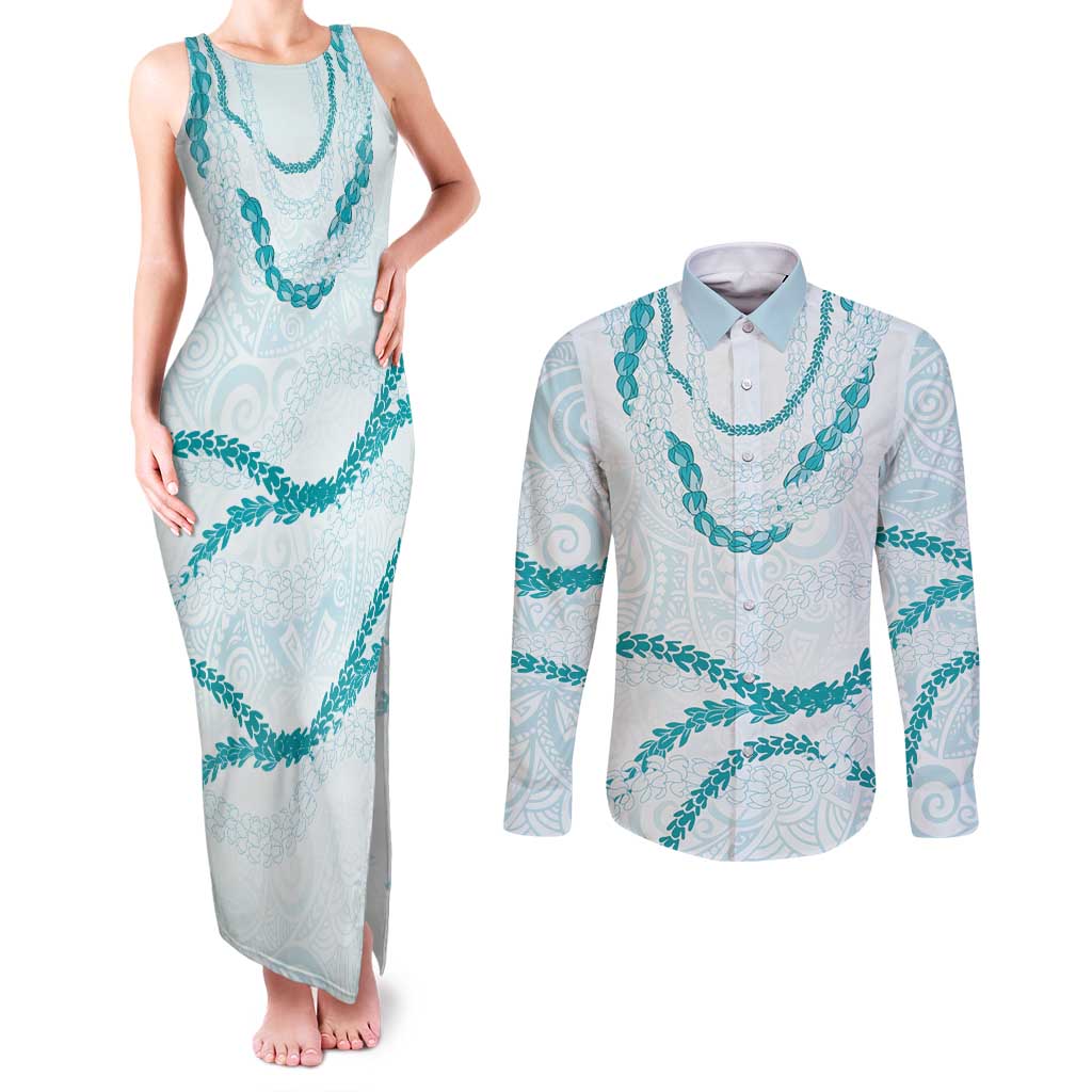 Aloha Lei Mikioi Couples Matching Tank Maxi Dress and Long Sleeve Button Shirt Teal Polynesian Tribal Tatau Pattern
