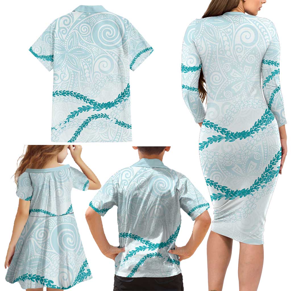 Aloha Lei Mikioi Family Matching Long Sleeve Bodycon Dress and Hawaiian Shirt Teal Polynesian Tribal Tatau Pattern