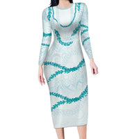 Aloha Lei Mikioi Family Matching Long Sleeve Bodycon Dress and Hawaiian Shirt Teal Polynesian Tribal Tatau Pattern