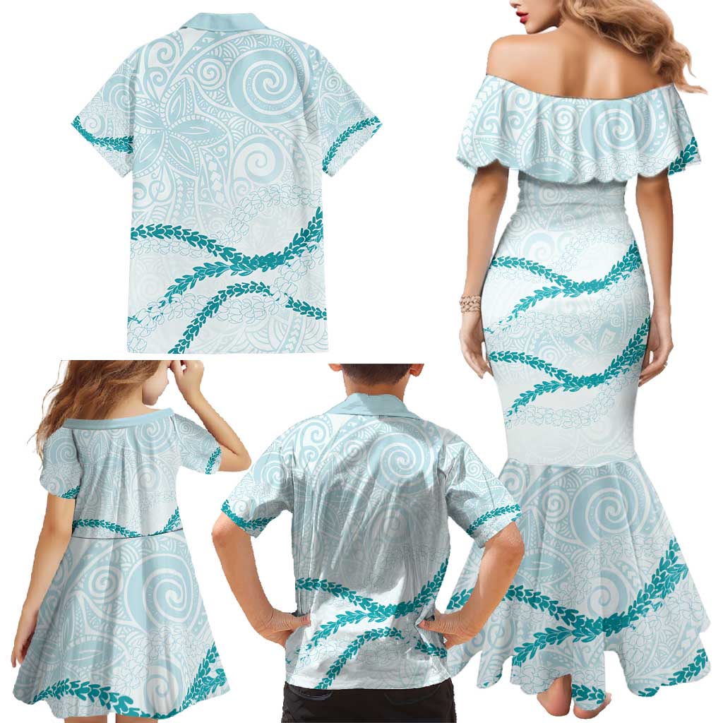 Aloha Lei Mikioi Family Matching Mermaid Dress and Hawaiian Shirt Teal Polynesian Tribal Tatau Pattern