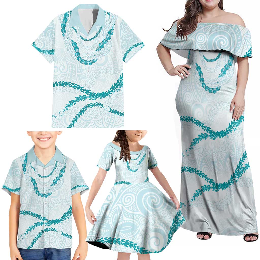 Aloha Lei Mikioi Family Matching Off Shoulder Maxi Dress and Hawaiian Shirt Teal Polynesian Tribal Tatau Pattern
