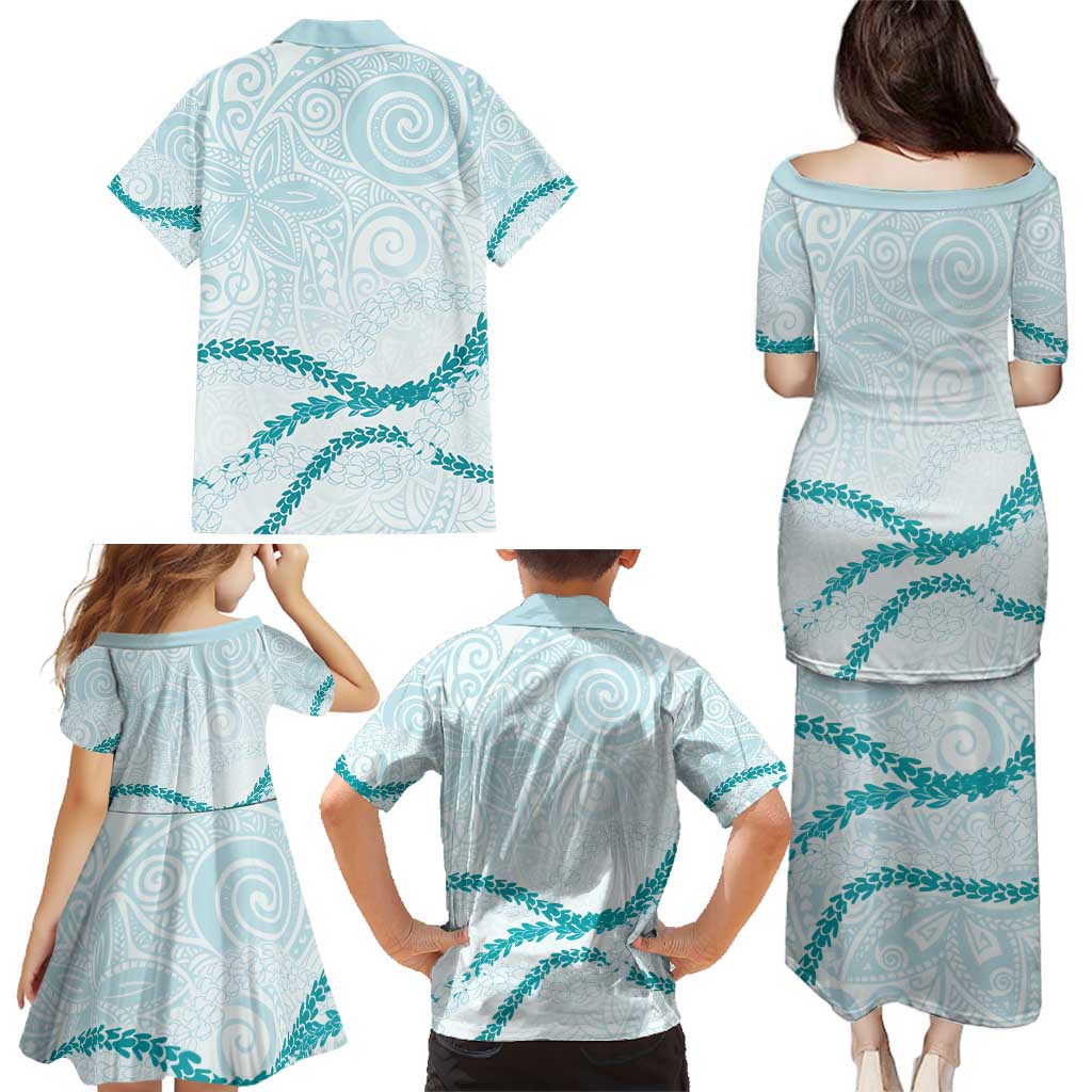 Aloha Lei Mikioi Family Matching Puletasi and Hawaiian Shirt Teal Polynesian Tribal Tatau Pattern