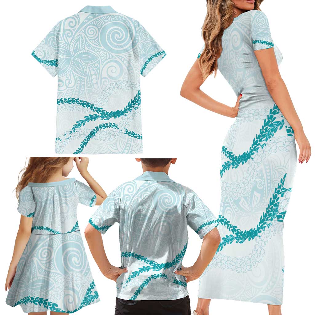 Aloha Lei Mikioi Family Matching Short Sleeve Bodycon Dress and Hawaiian Shirt Teal Polynesian Tribal Tatau Pattern