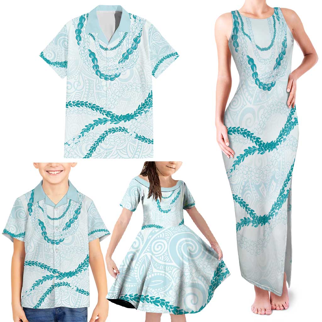 Aloha Lei Mikioi Family Matching Tank Maxi Dress and Hawaiian Shirt Teal Polynesian Tribal Tatau Pattern
