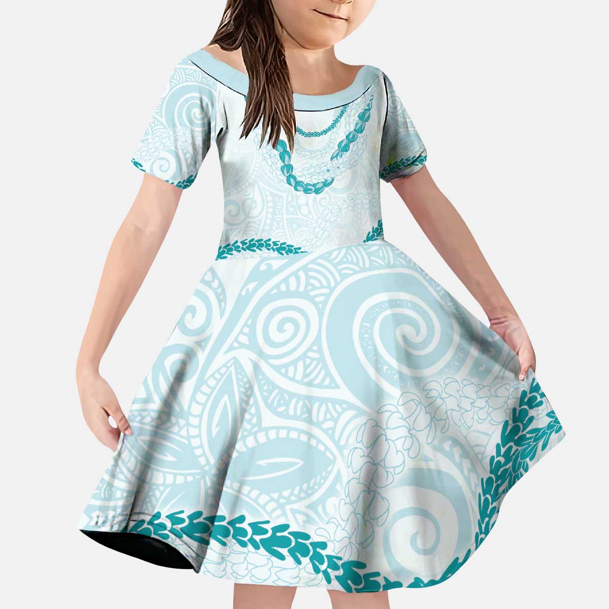 Aloha Lei Mikioi Kid Short Sleeve Dress Teal Polynesian Tribal Tatau Pattern