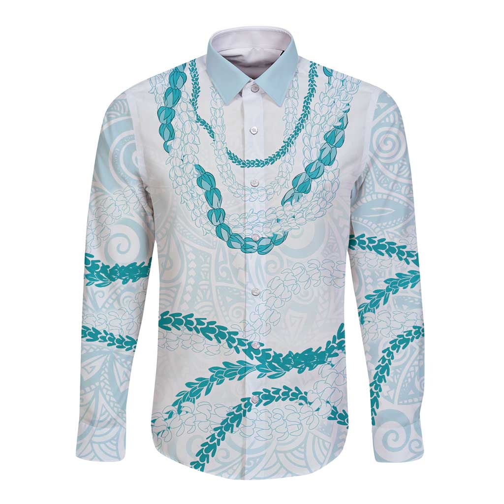Aloha Lei Mikioi Long Sleeve Button Shirt Teal Polynesian Tribal Tatau Pattern
