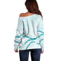 Aloha Lei Mikioi Off Shoulder Sweater Teal Polynesian Tribal Tatau Pattern
