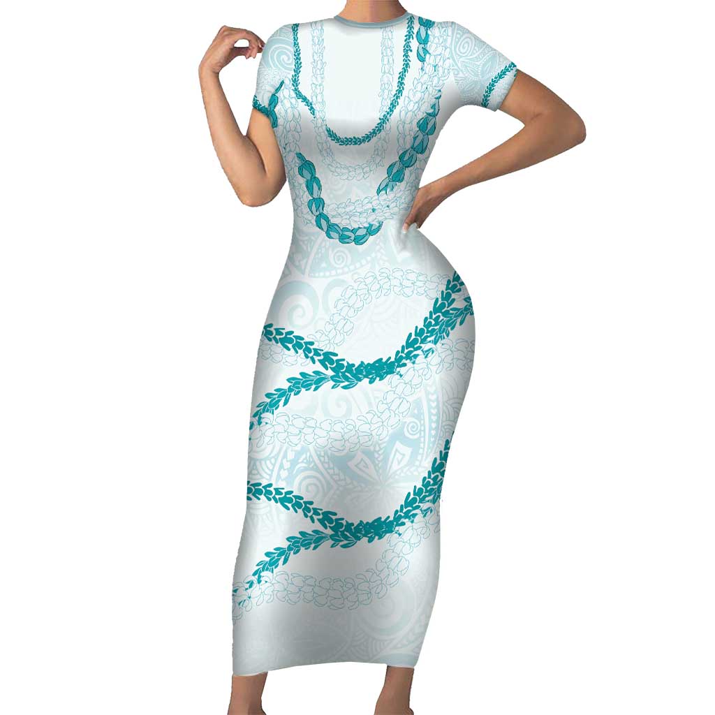 Aloha Lei Mikioi Short Sleeve Bodycon Dress Teal Polynesian Tribal Tatau Pattern