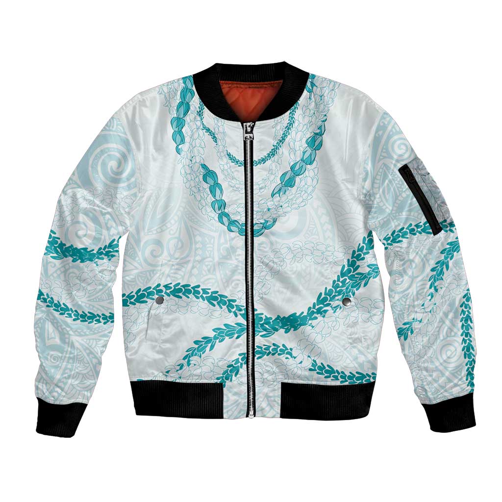 Aloha Lei Mikioi Sleeve Zip Bomber Jacket Teal Polynesian Tribal Tatau Pattern