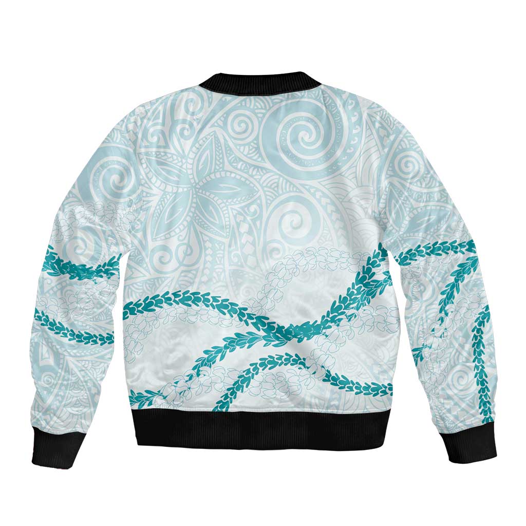 Aloha Lei Mikioi Sleeve Zip Bomber Jacket Teal Polynesian Tribal Tatau Pattern