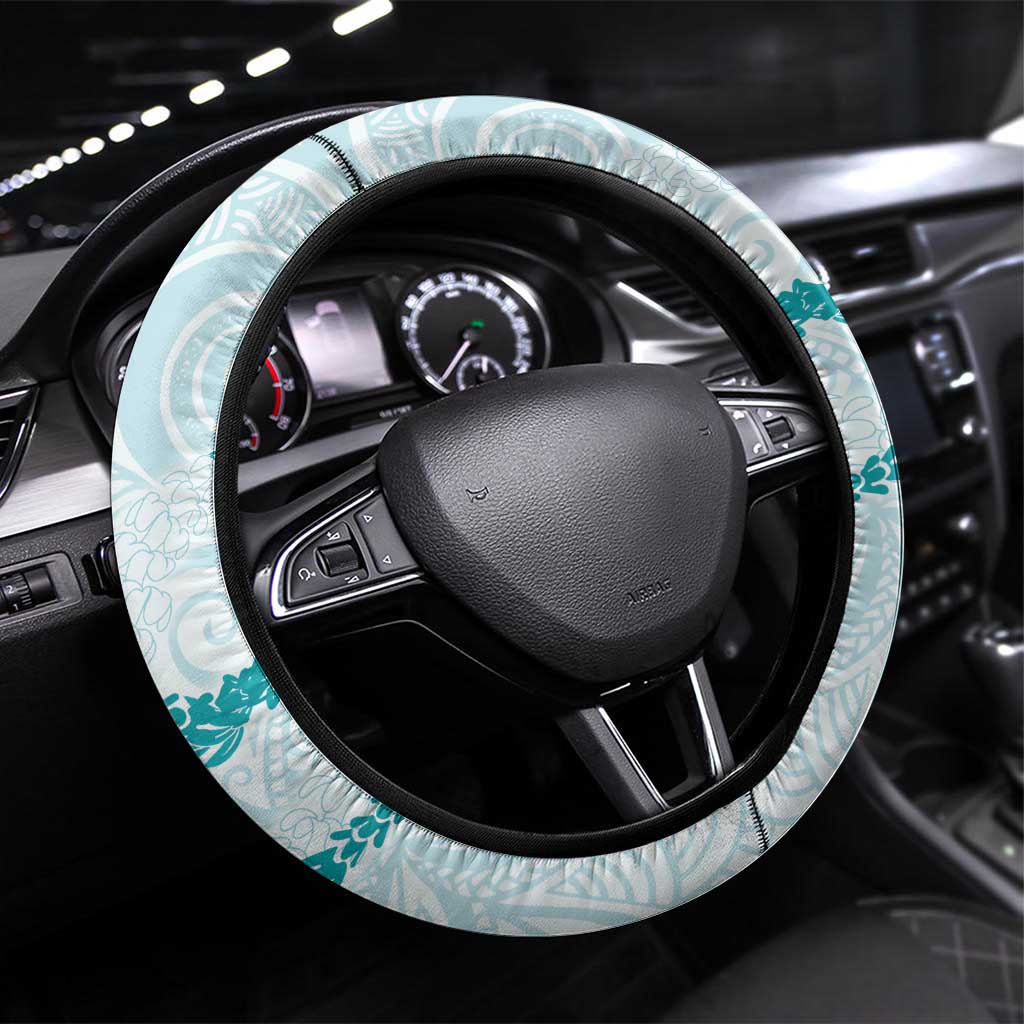 Aloha Lei Mikioi Steering Wheel Cover Teal Polynesian Tribal Tatau Pattern