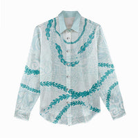 Aloha Lei Mikioi Women Casual Shirt Teal Polynesian Tribal Tatau Pattern