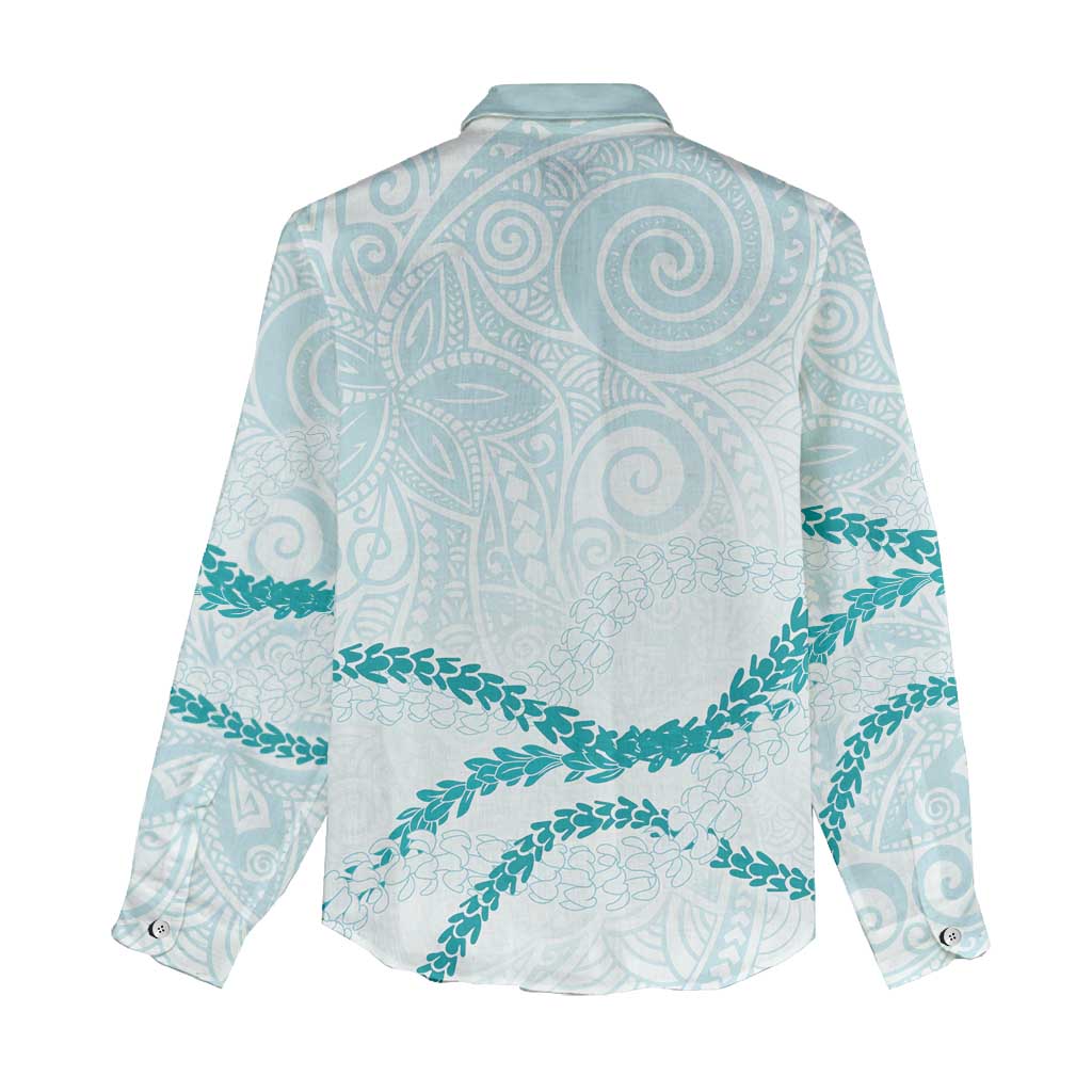 Aloha Lei Mikioi Women Casual Shirt Teal Polynesian Tribal Tatau Pattern
