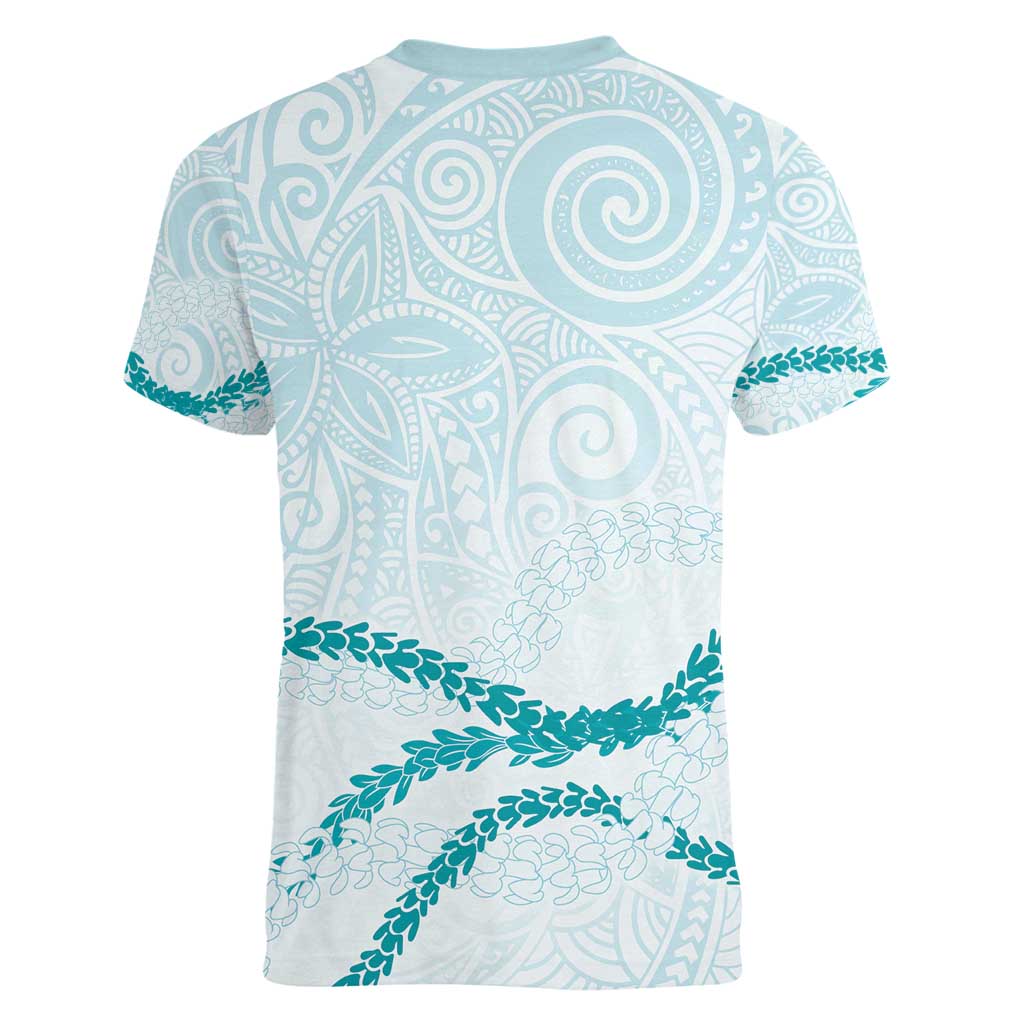 Aloha Lei Mikioi Women V-Neck T-Shirt Teal Polynesian Tribal Tatau Pattern LT9 - Polynesian Pride