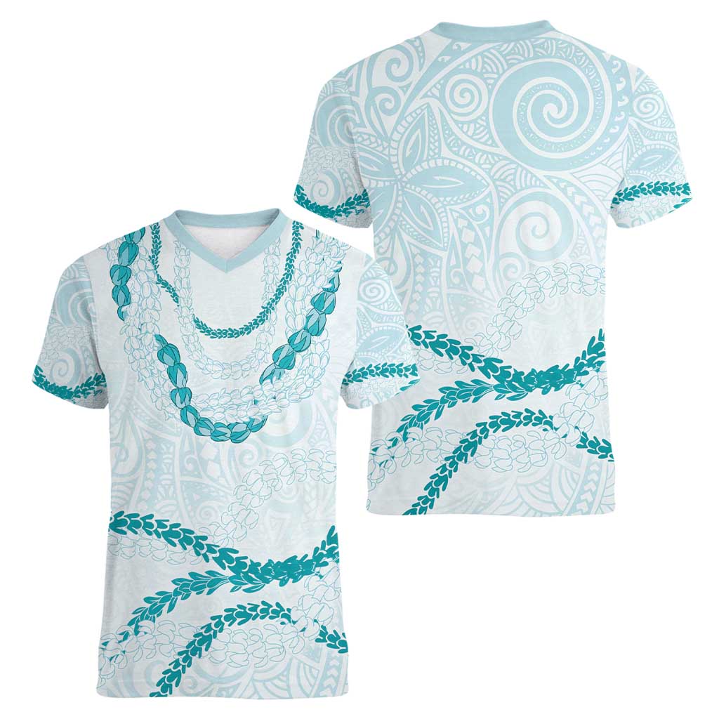 Aloha Lei Mikioi Women V-Neck T-Shirt Teal Polynesian Tribal Tatau Pattern LT9 - Polynesian Pride