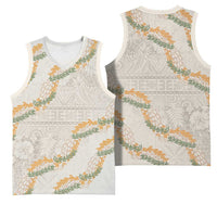 Aloha Pakalana and Puakenikeni Lei Basketball Jersey Beige Hawaiian Pattern - Polynesian Pride