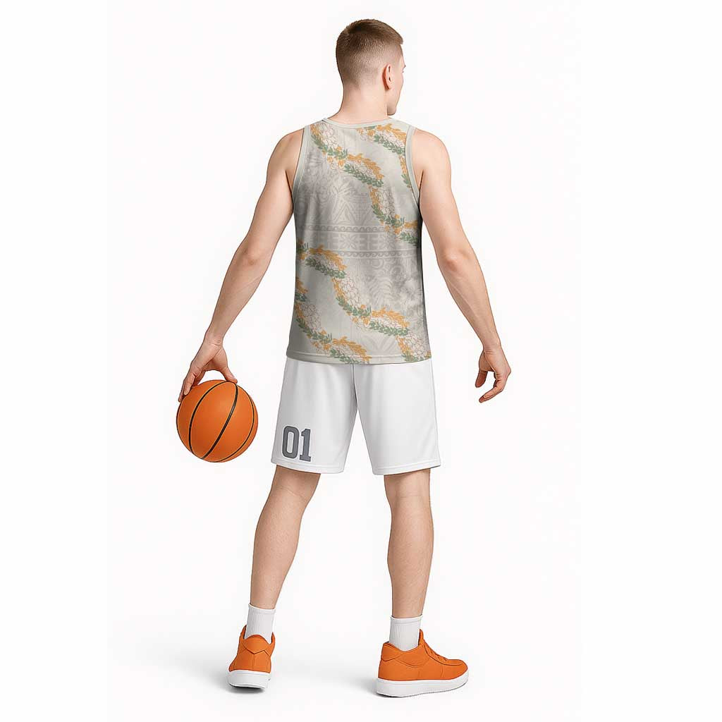 Aloha Pakalana and Puakenikeni Lei Basketball Jersey Beige Hawaiian Pattern - Polynesian Pride
