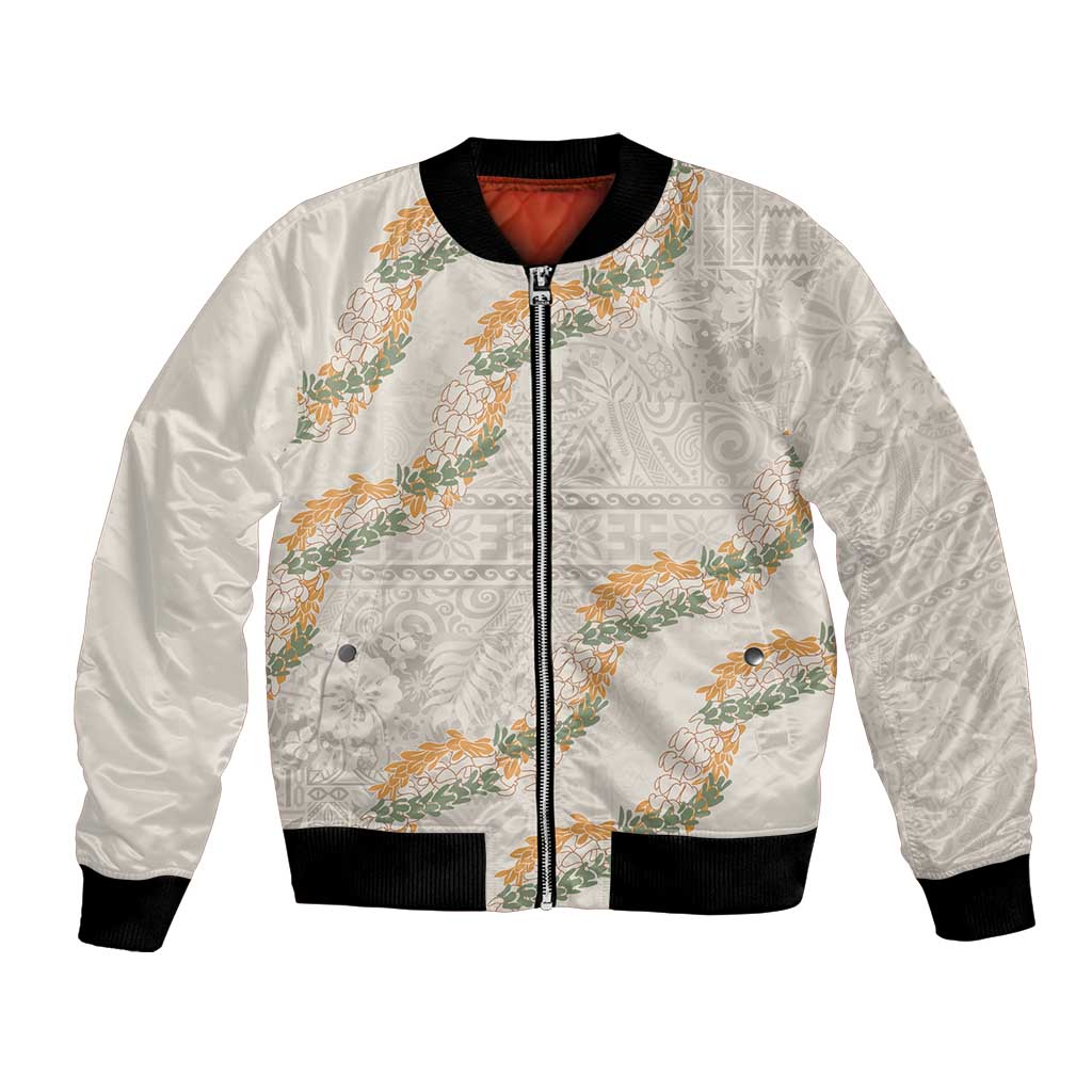 Aloha Pakalana and Puakenikeni Lei Bomber Jacket Beige Hawaiian Pattern